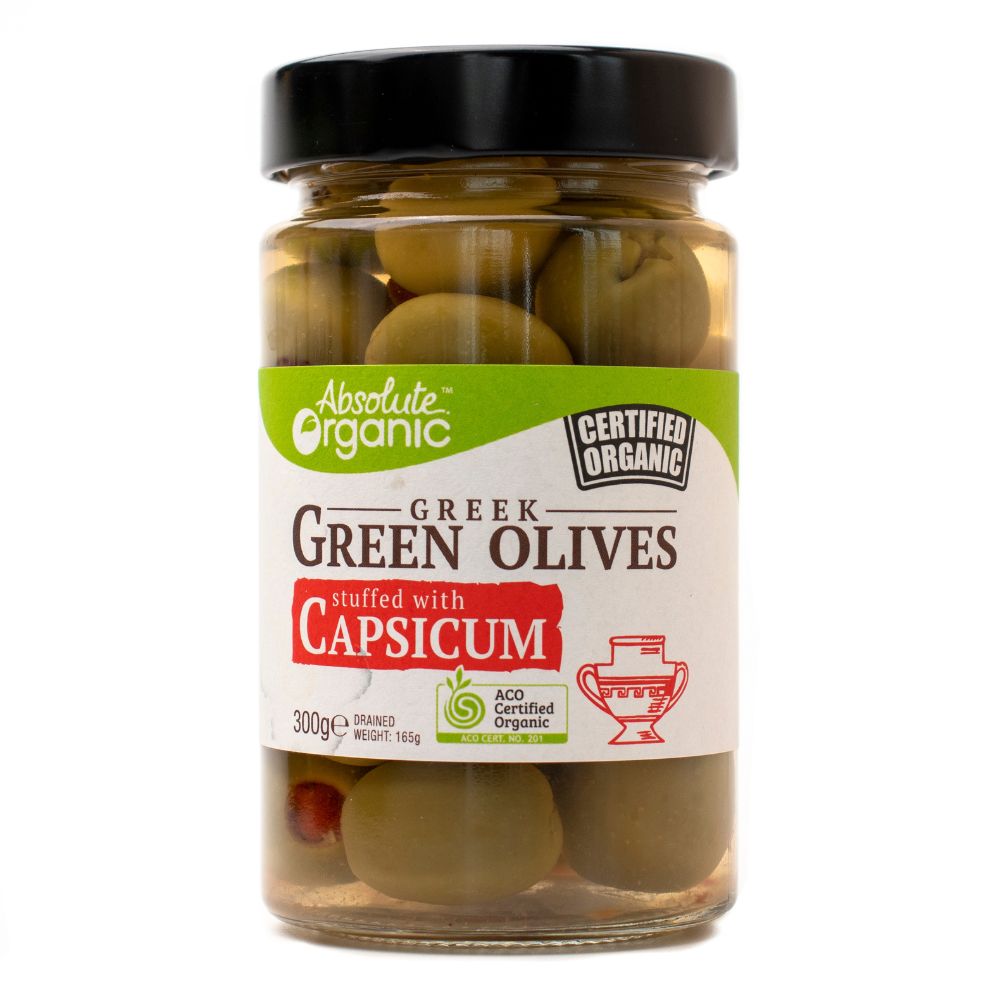 Organic Green Olives Stuffed With Capsicum 300g